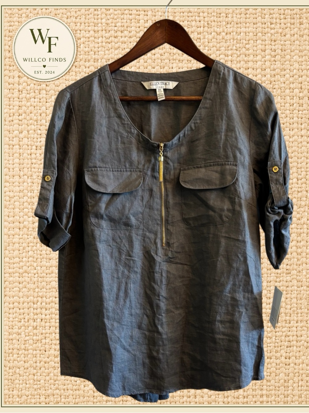 Ellen Tracy Linen Tunic Top Medium Gray Iron Gold Zip Roll Tab Sleeve NWT